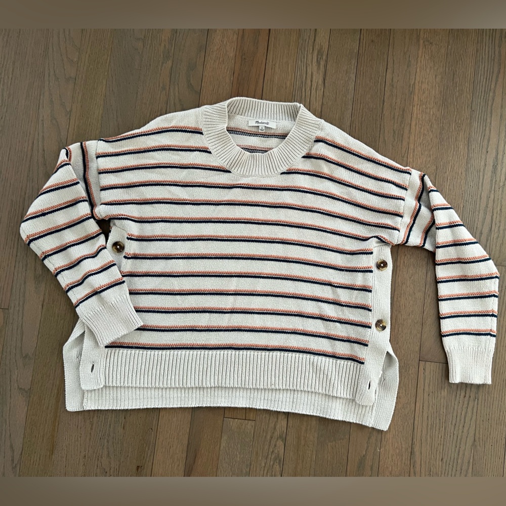 Madewell Cropped Boxy Striped Crewneck Sweater with Side Buttons